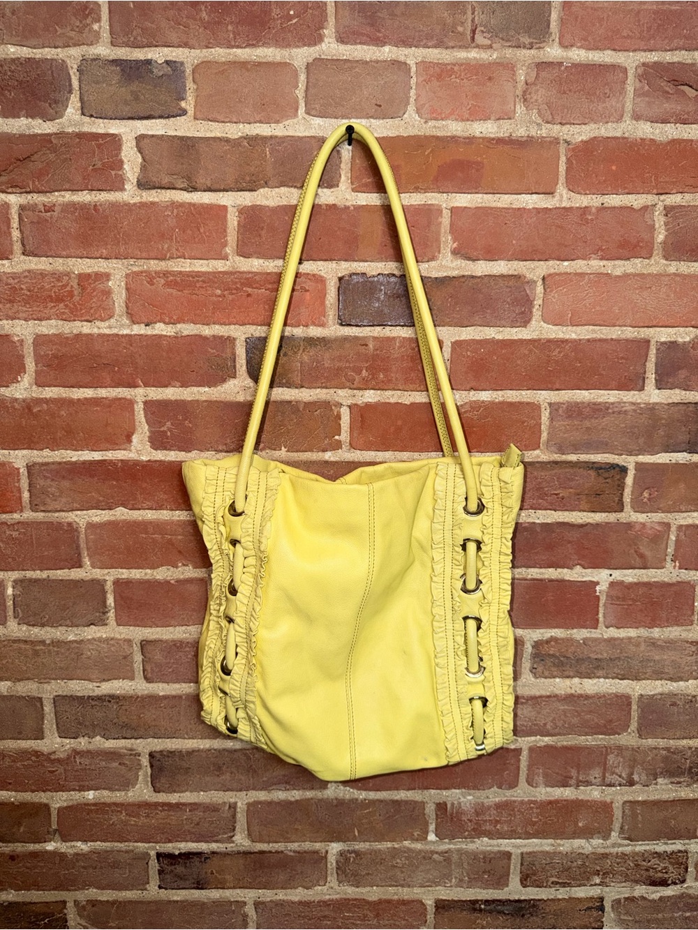 Ruched Yellow Leather Shoulder Tote
